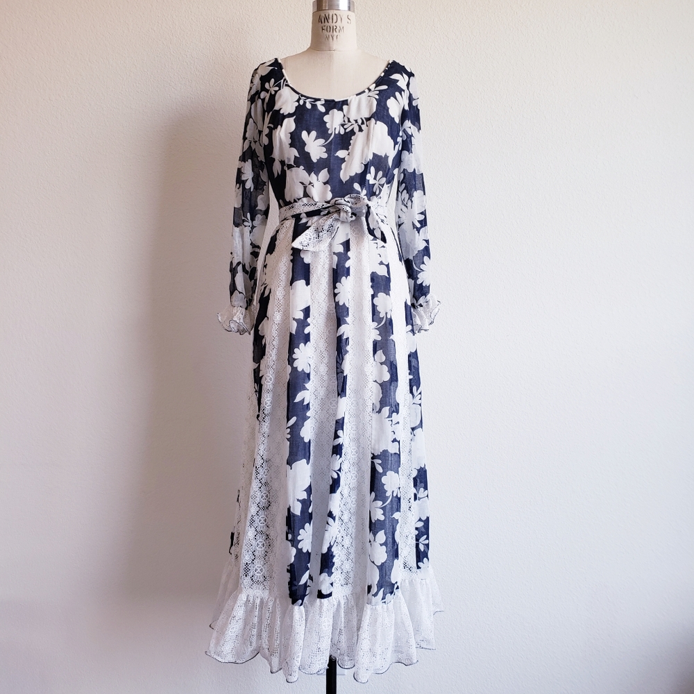 Vintage 70s Blue And White Prairie Maxi Dress